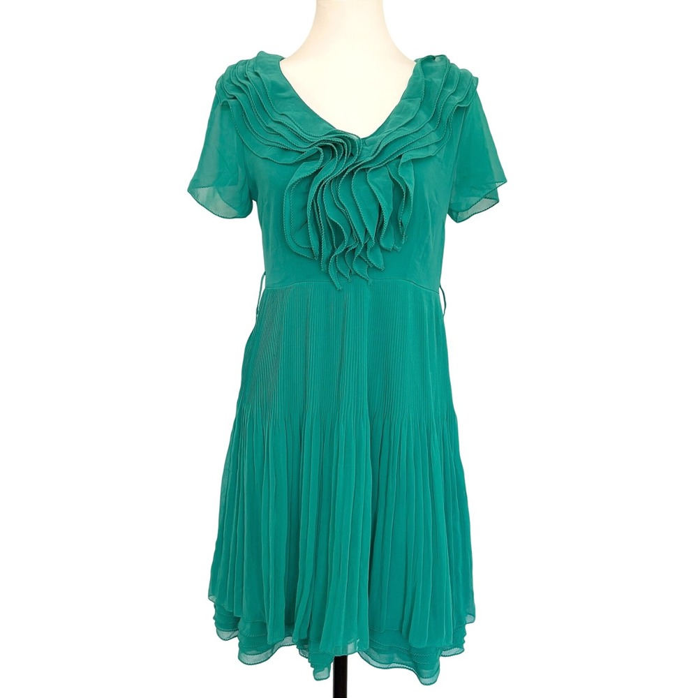 y2k Vtg Deadtock SILK Mandalay Julian Joyce Teal Green Pleated‎ Silk Mod Dress 6
